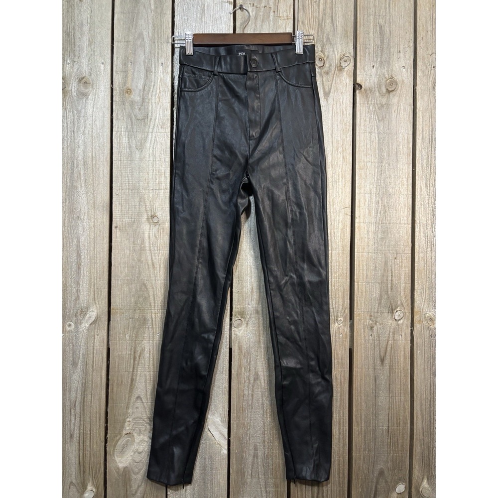 ZARA Blogger Favorite Black Vegan Leather High Rise Long Inseam Ankle-zip Pants.